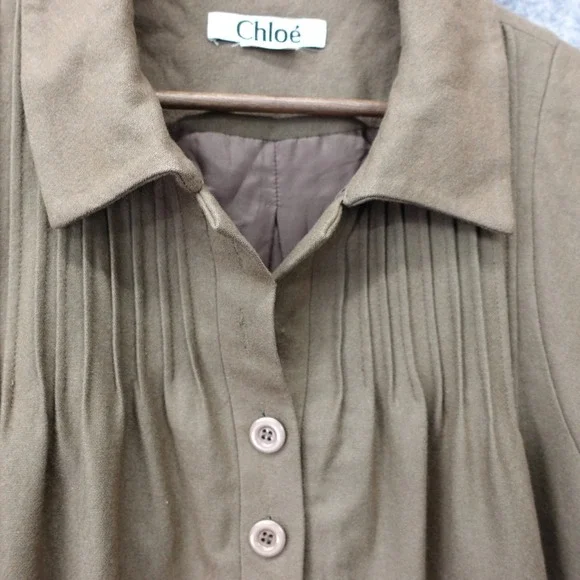 Vintage Chloe Shift Dress Womens LARGE Olive Army Green Wool Pintuck Luxury